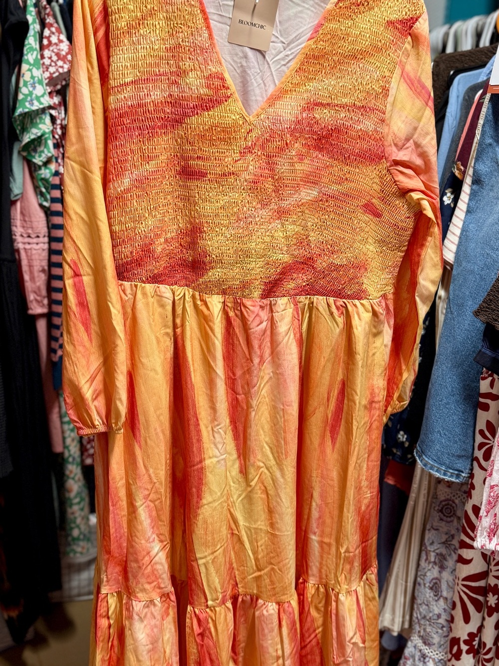 BloomChic Smocked V-Neck Tie-Dye Tunic — Yellow & Orange